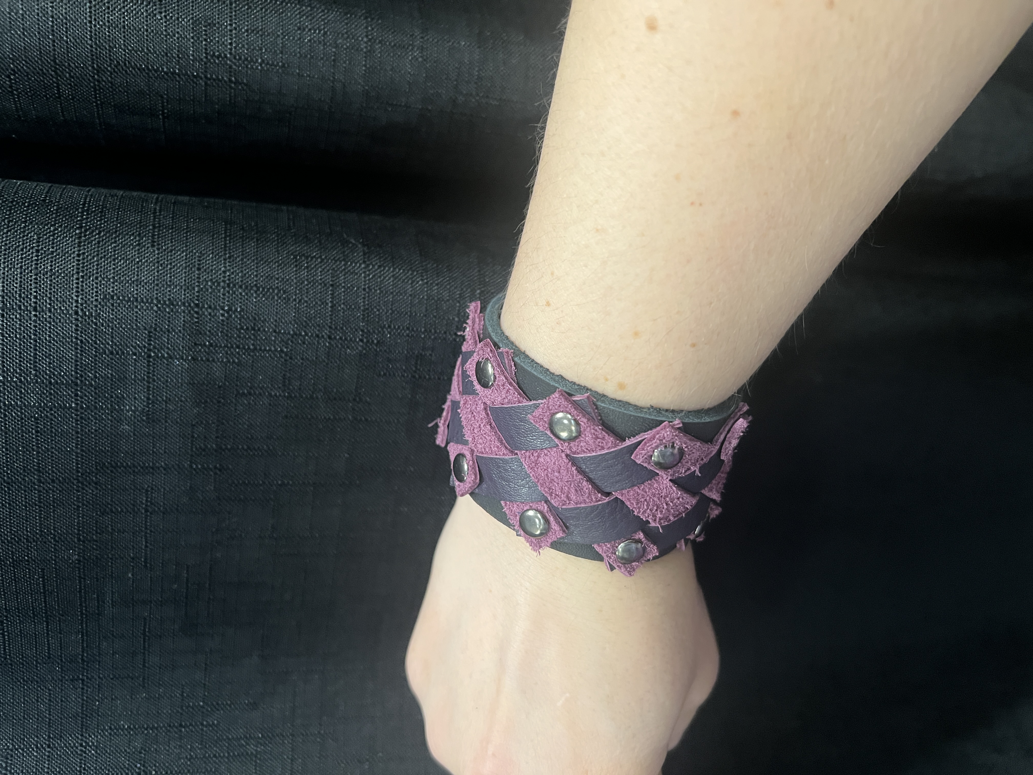 wine weave cuff with brass rivets